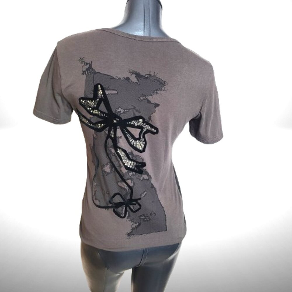 Moschino Jeans Gray Graphic Tee w/ Sequin Dragonfly | Size 42 (US 8) - Picture 6 of 15